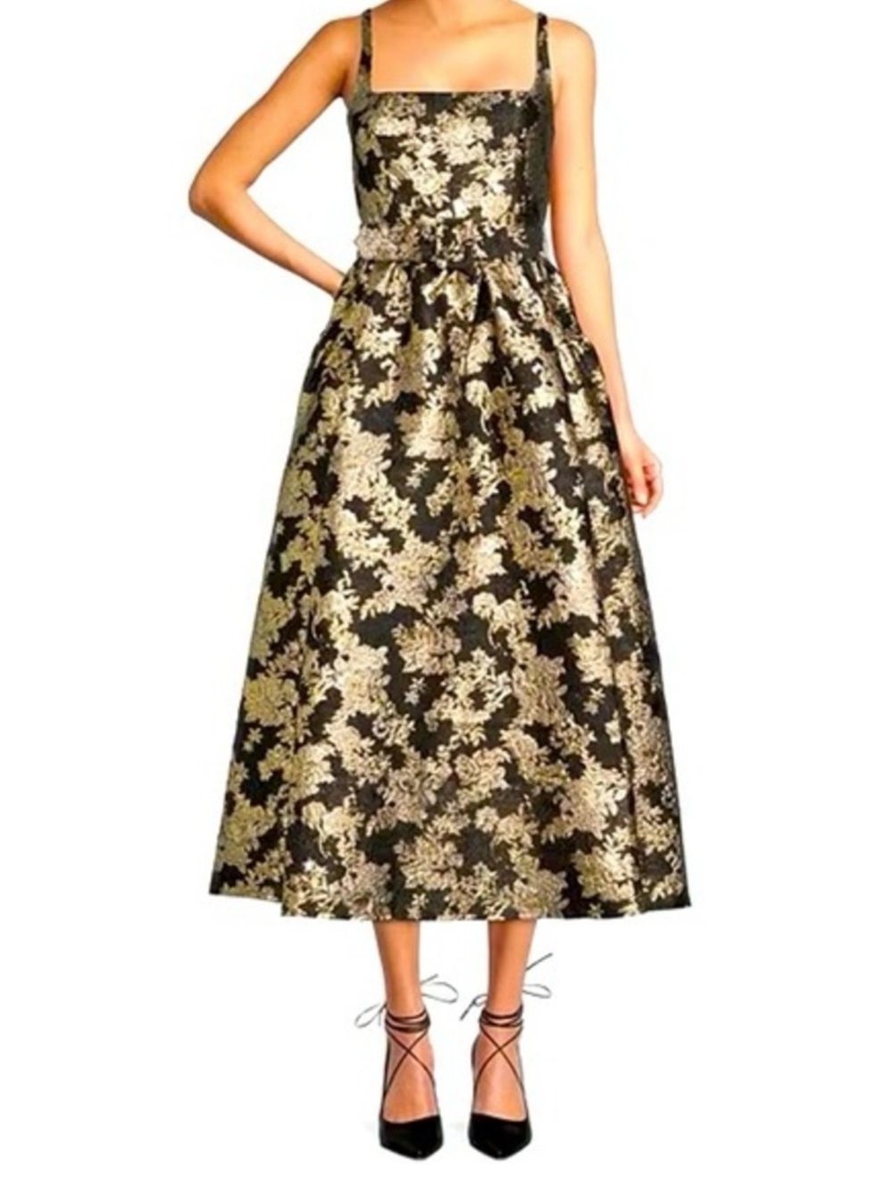 ANTONIO MELANI Black and Gold Floral Midi Dress